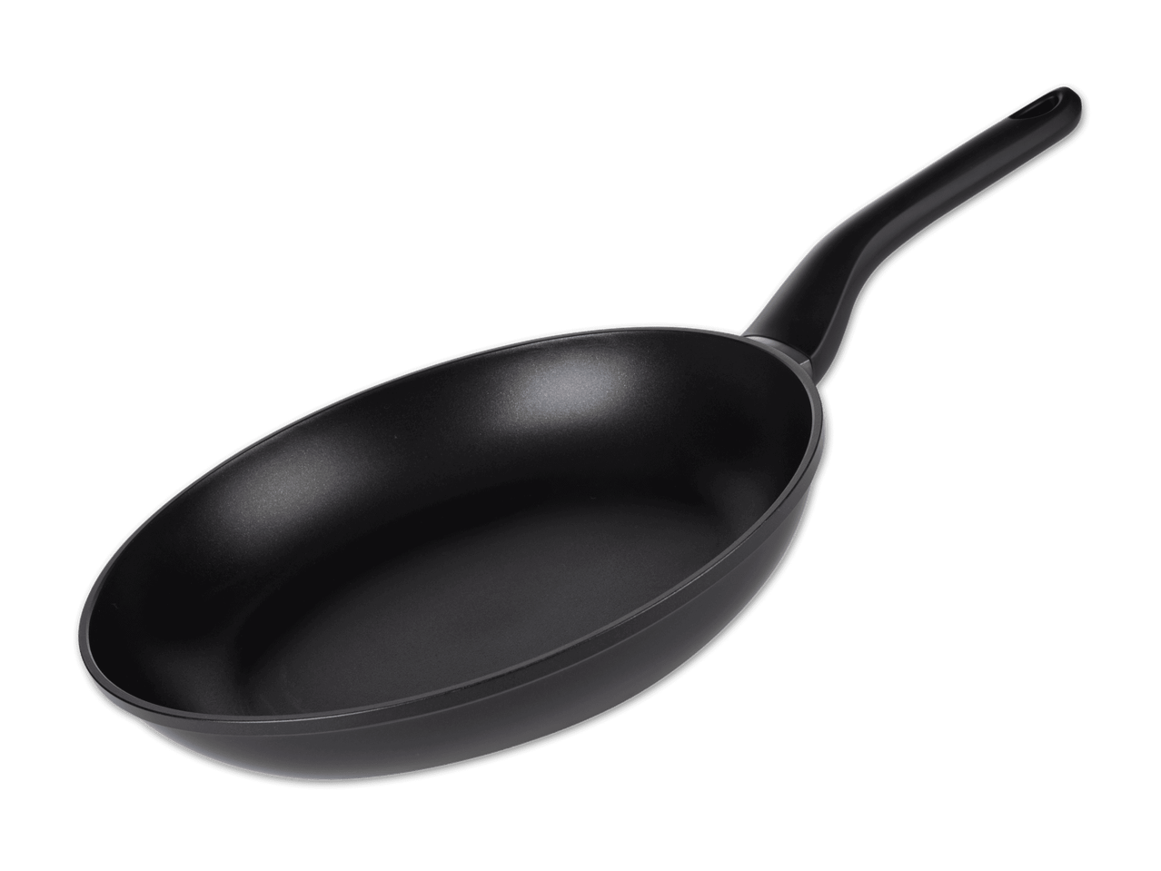 Schwarze Bratpfanne mit Antihaftbeschichtung auf schwarzem Hintergrund