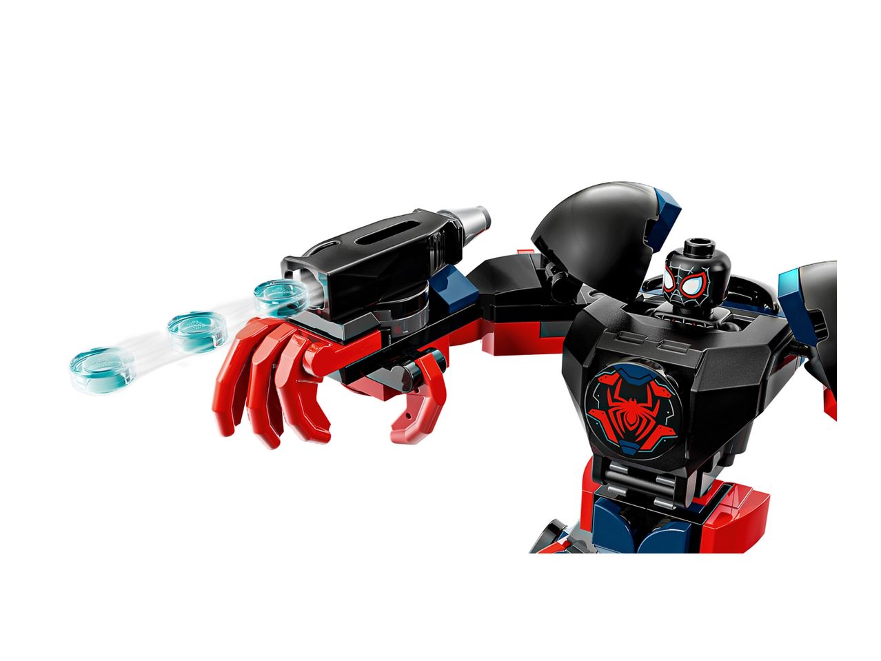 Black and red toy robot with a spider emblem, firing blue disc projectiles.