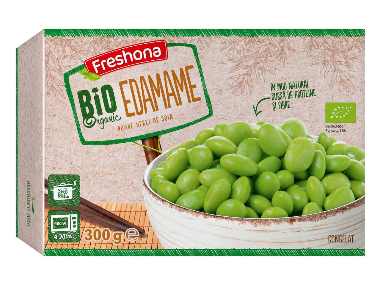 Ambalaj Freshona Bio Edamame, arătând boabe verzi de edamame într-un bol.