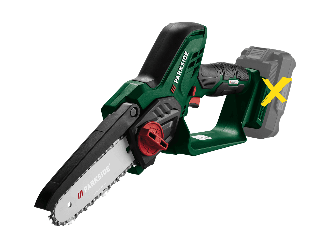 Mini motosega a batteria verde e nera con lama argentata e dettagli rossi