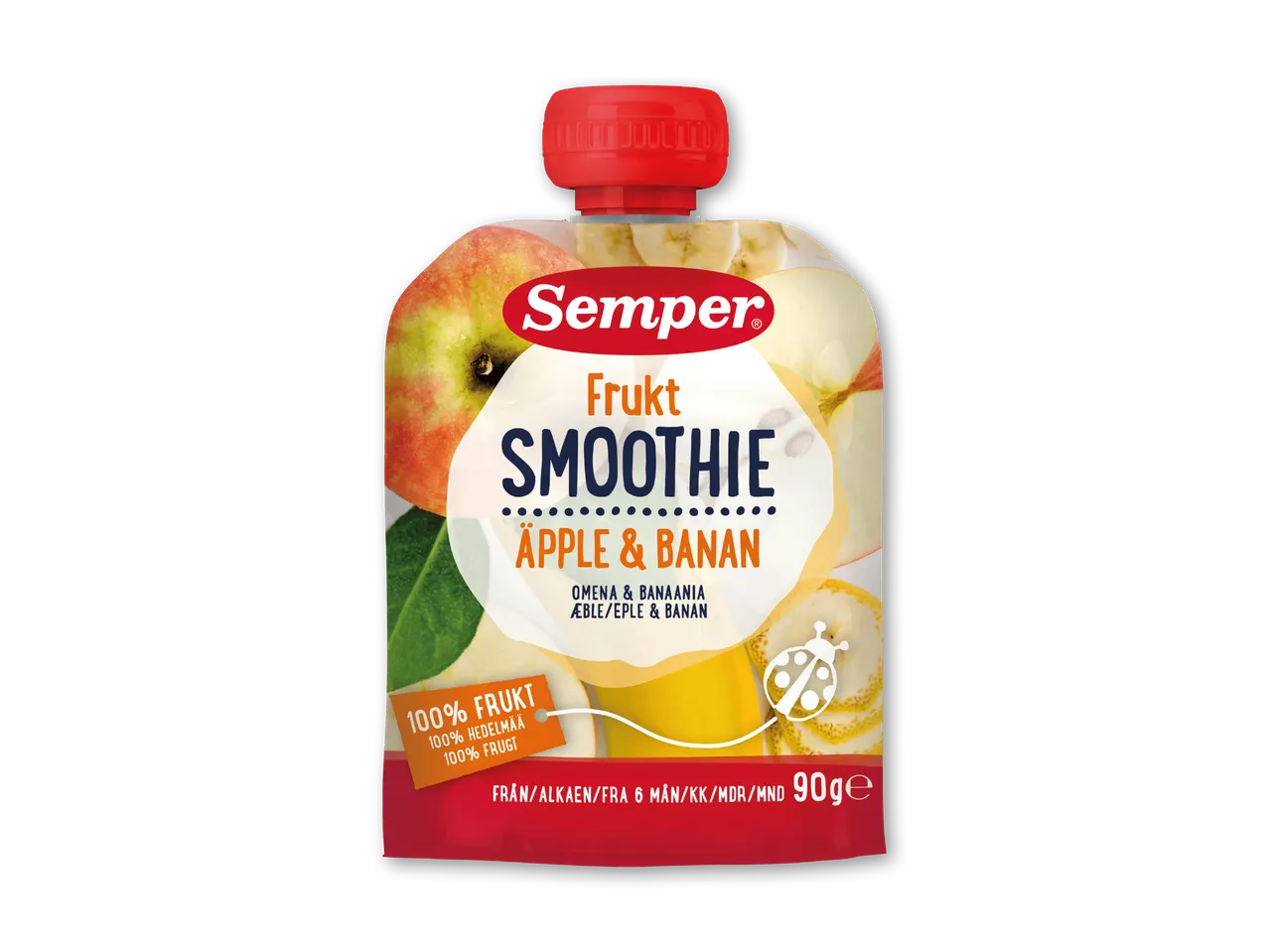 Frugtsmoothie med æble og banan, 100% frugt, til babyer fra 6 måneder, 90g.