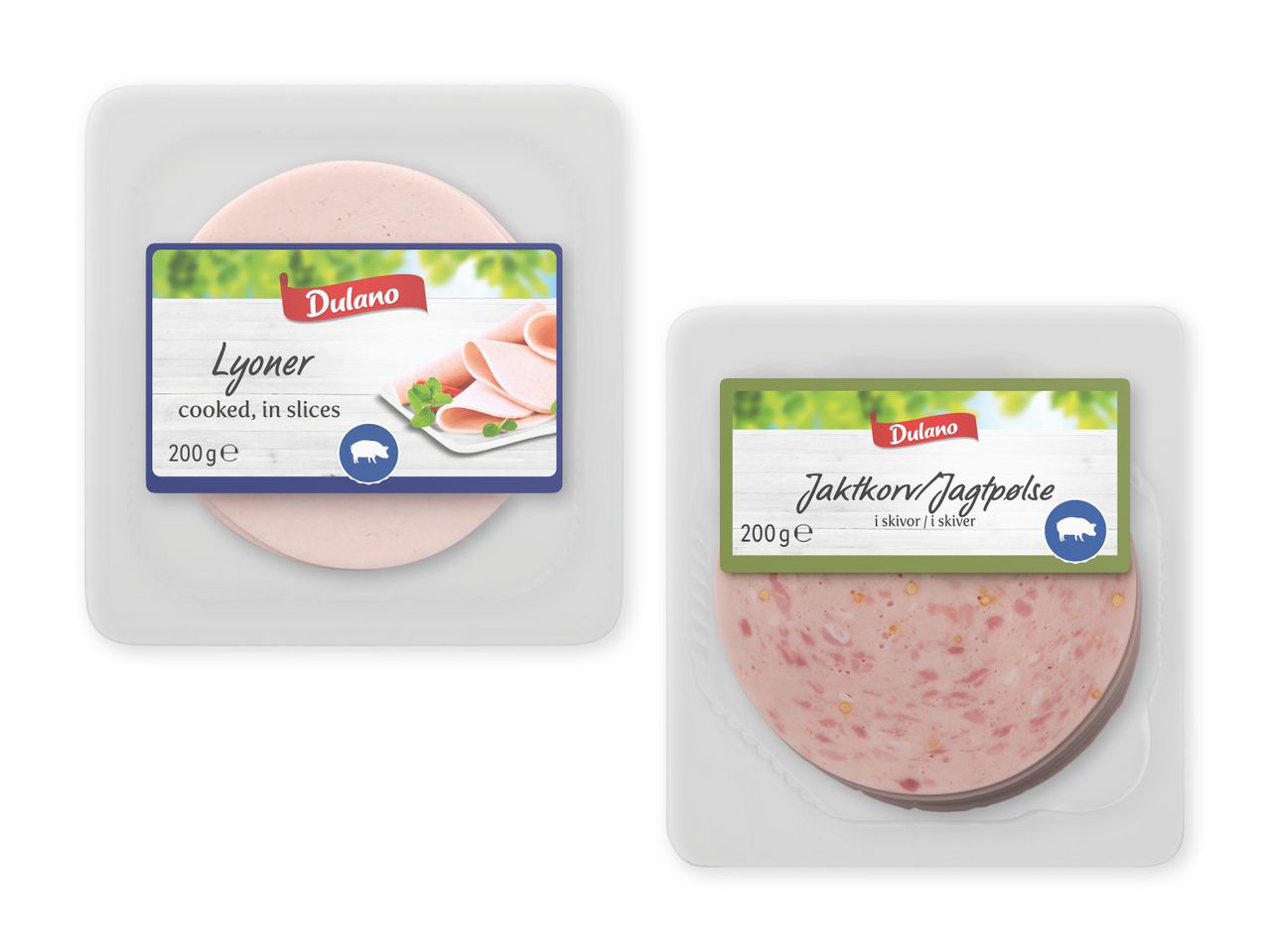 To pakker skiveskåret pålæg: Lyoner og Jaktkorv/Jagtpølse, begge 200g.