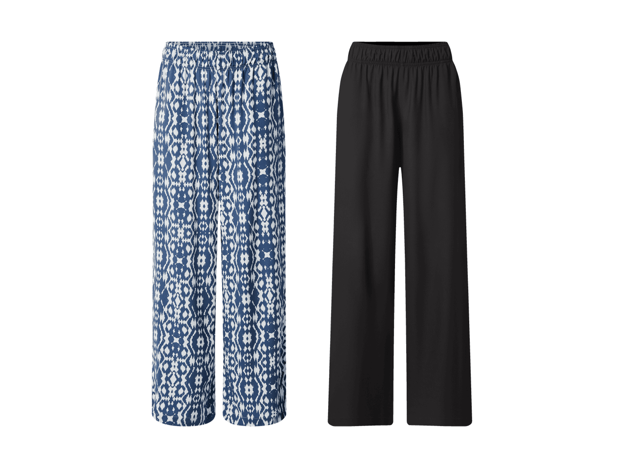 Deux pantalons amples : un à motif ikat bleu et blanc, l'autre noir uni.