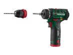 Cordless drill with a drill bit and a screwdriver bit, separated on a white background.