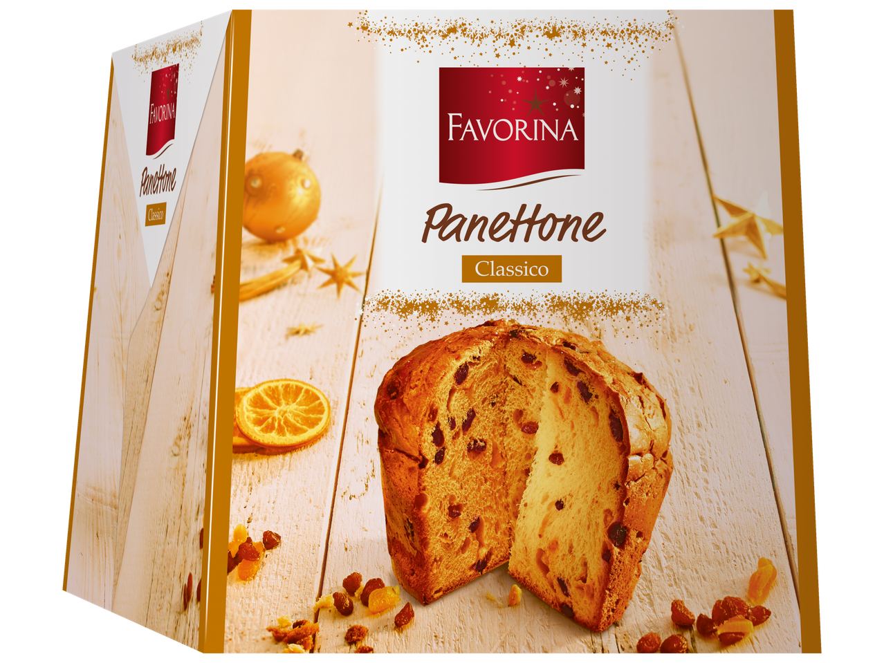 Panettonės dėžutė su Favorina logotipu ir panettonės su džiovintais vaisiais atvaizdu.