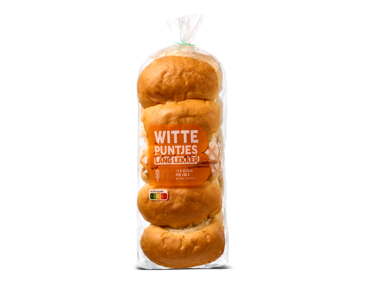 Verpakking met witte puntjes, met de tekst 'Witte Puntjes Lang Lekker' en Nutri-Score C.