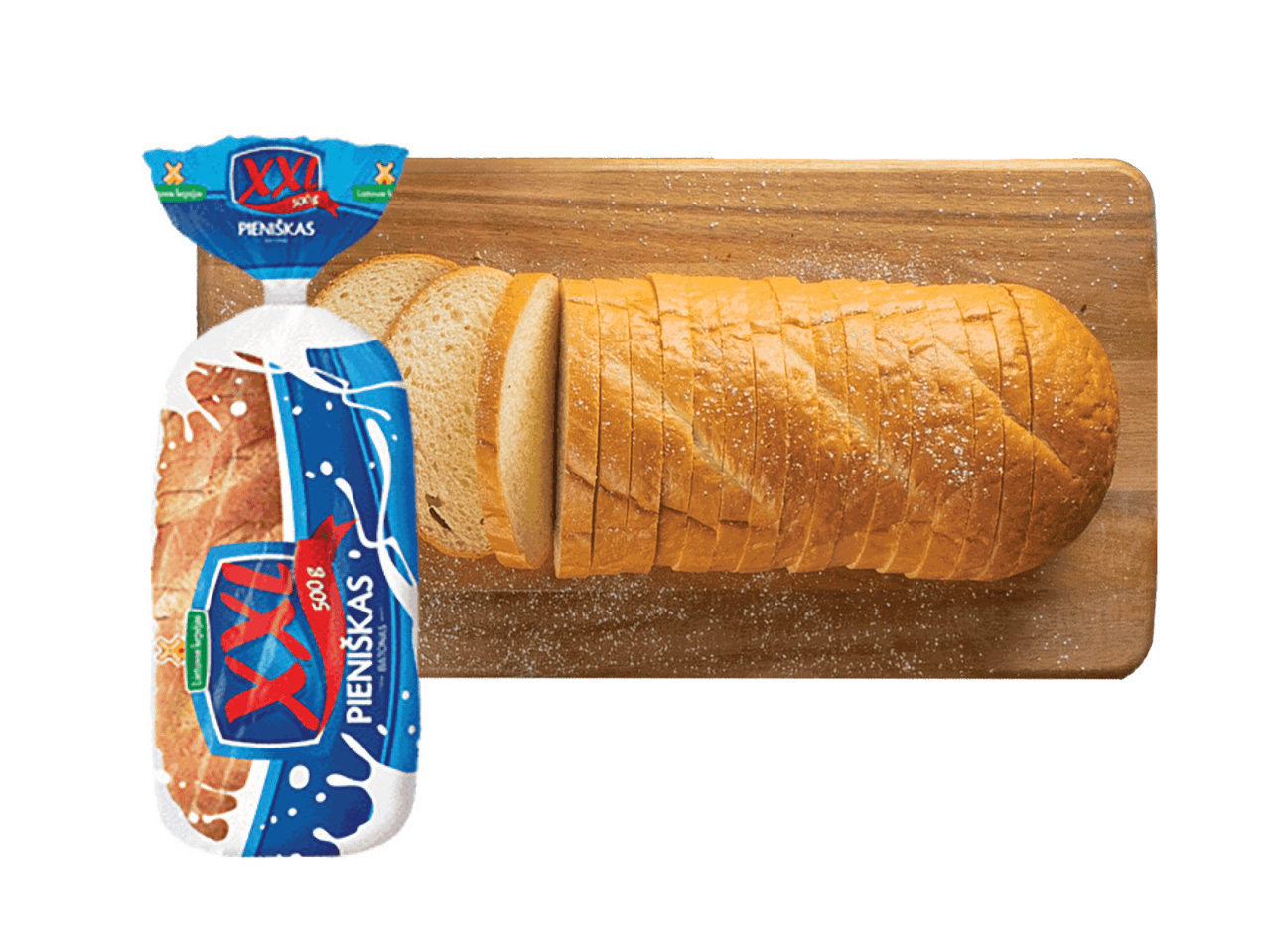 XXL Pieniškas batonas ir supjaustytos duonos riekelės ant medinės lentos.