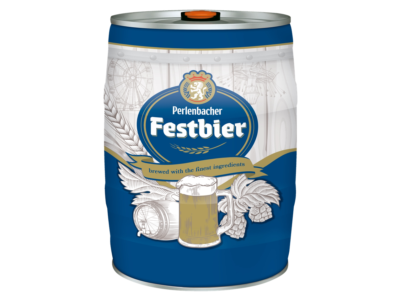 Perlenbacher Festbier biervat met houtdesign en bierelementen.