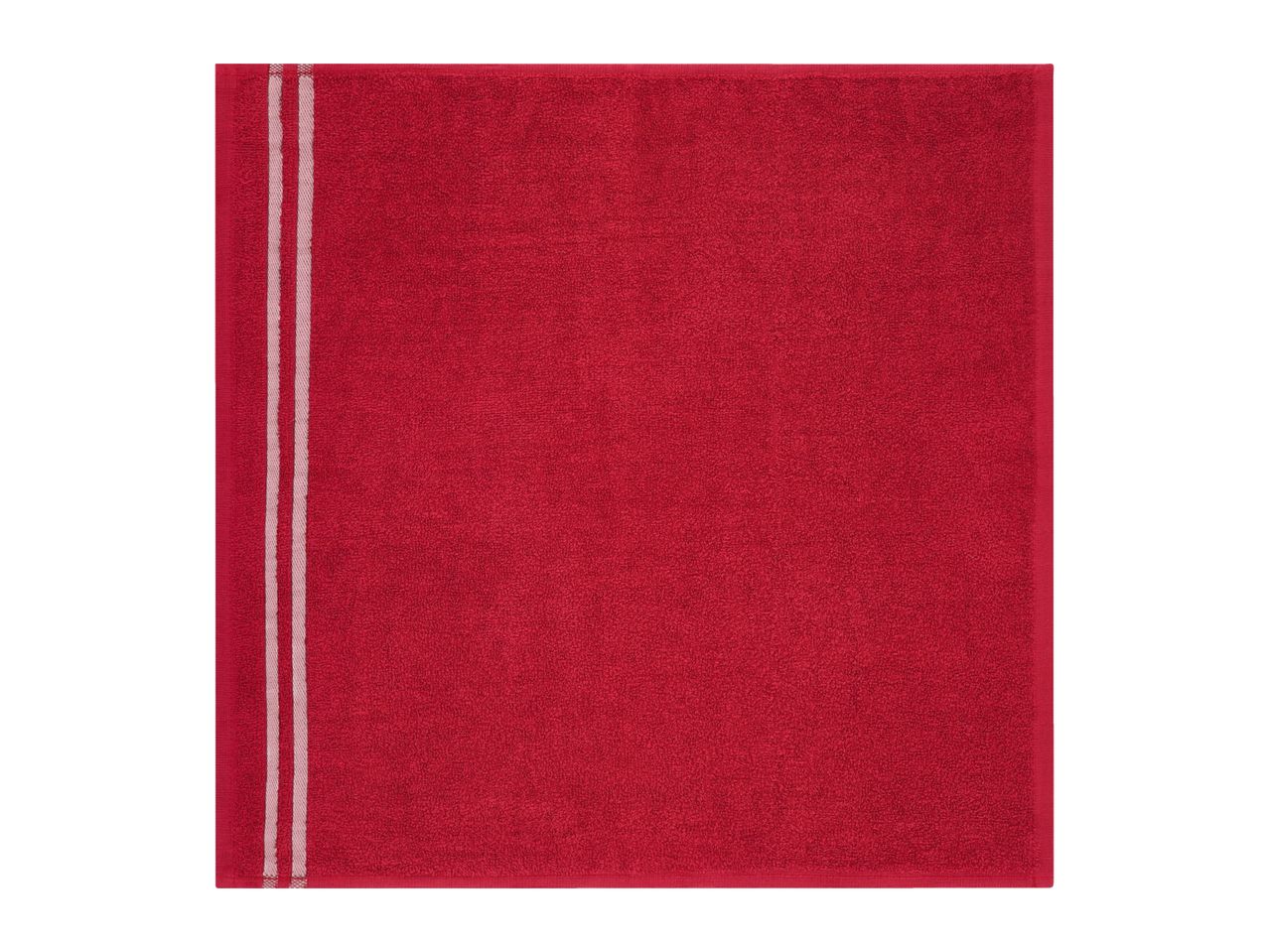 Red terry cloth towel with two white stripes