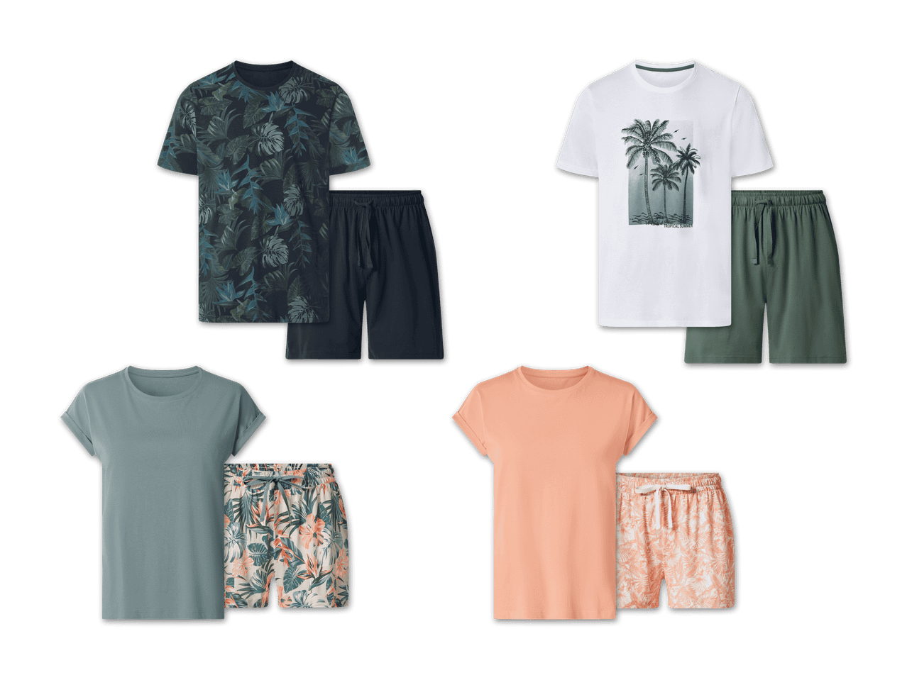 Vier Sets aus T-Shirts und Shorts, zwei davon mit tropischen Mustern und zwei einfarbig.