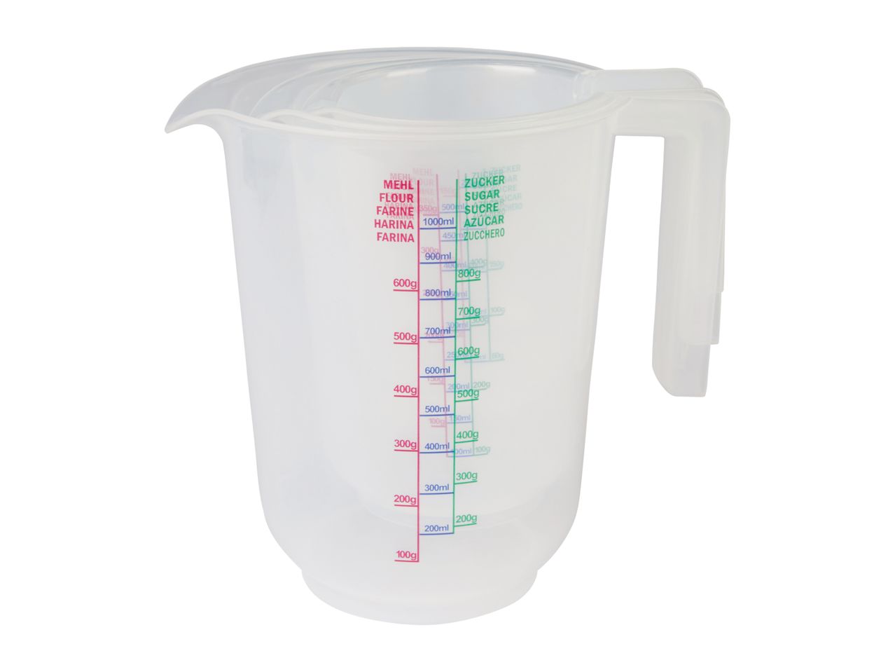 A clear plastic measuring jug with red and green markings for flour and sugar in multiple languages.