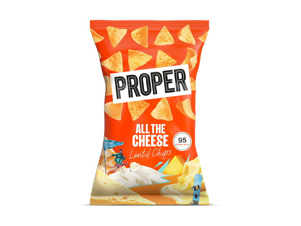Zakje oranje linzenchips met kaassmaak, met skiërs en snowboarders op kaas.