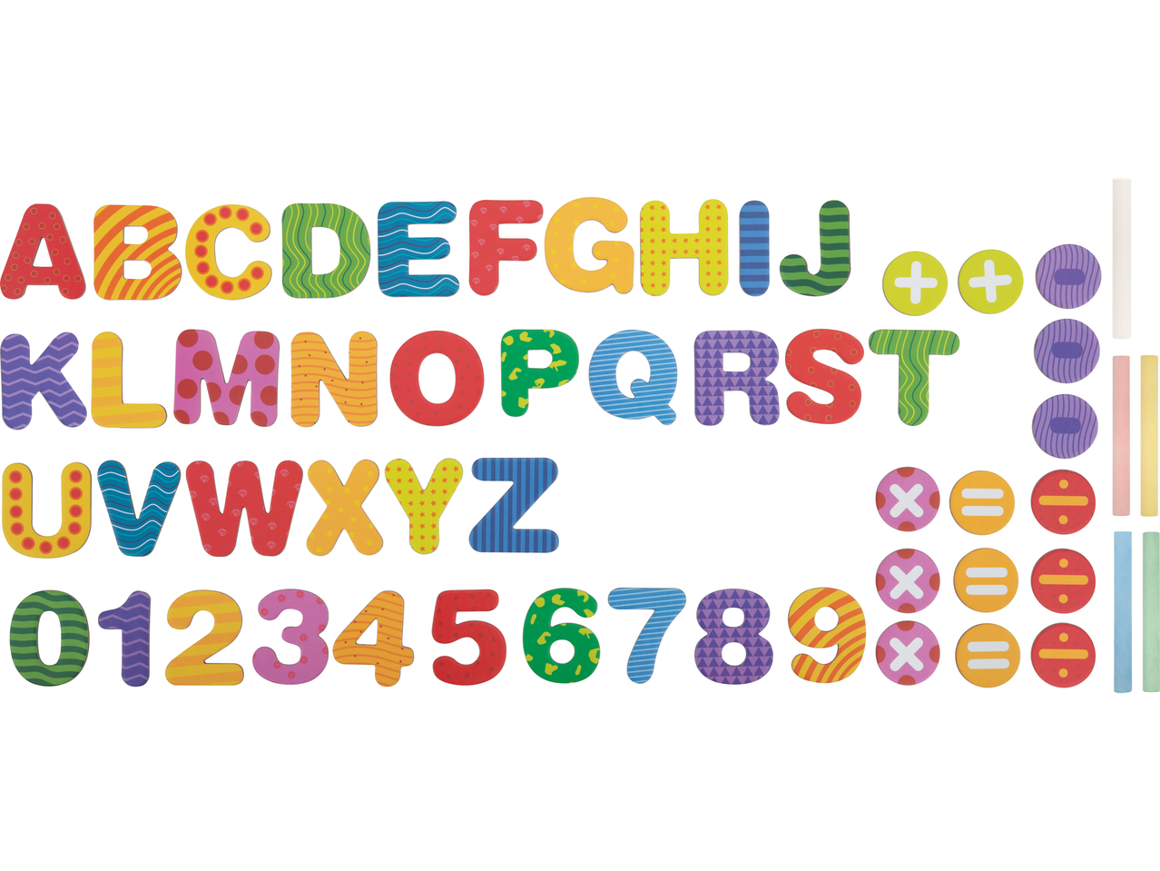 Colorful magnetic letters, numbers, and math symbols for a kids' wooden easel.