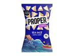 A blue bag of sea salt lentil chips featuring a wave illustration and 96 kcal per serve.