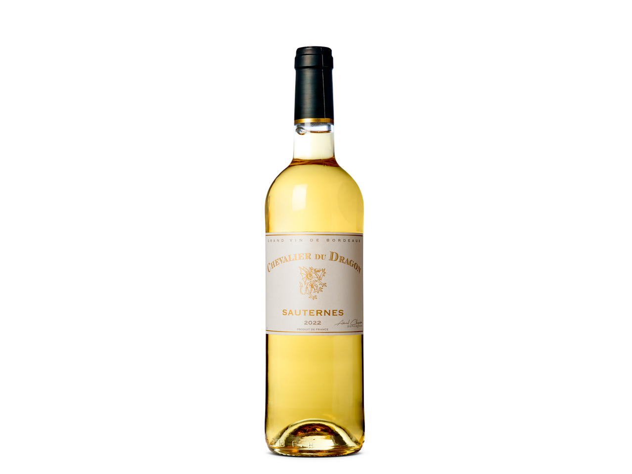 Een fles Chevalier du Dragon Sauternes 2022, een Grand Vin de Bordeaux, op een zwarte achtergrond.