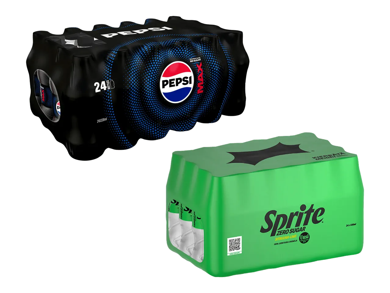 Pepsi Max ja Sprite Zero Sugar 24-pakkaukset.