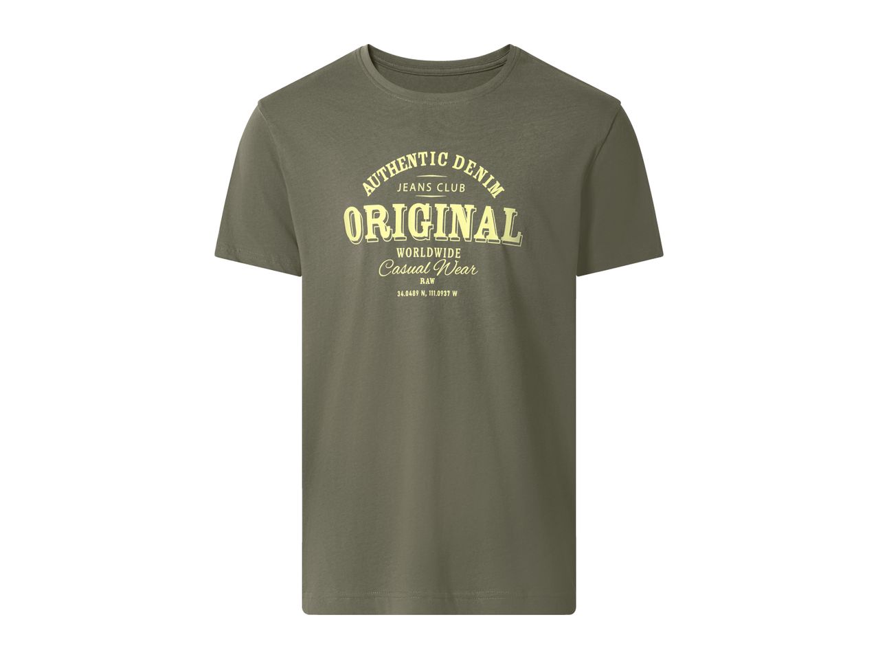 Men's olive green t-shirt with a yellow 'AUTHENTIC DENIM ORIGINAL' graphic print.