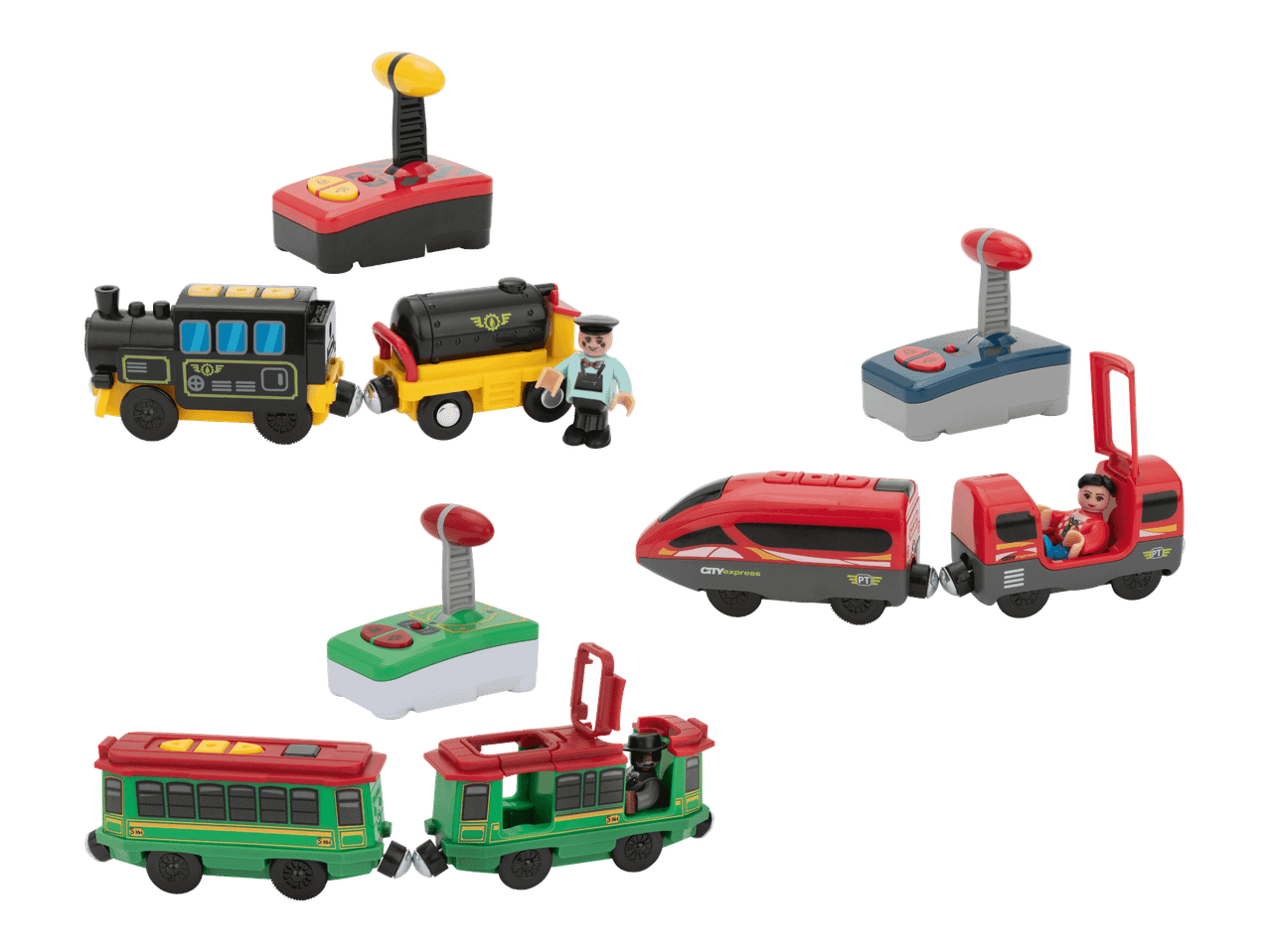 Kolme erilaista kauko-ohjattavaa junalelusettiä, joissa on veturit, vaunut ja ohjaimet.