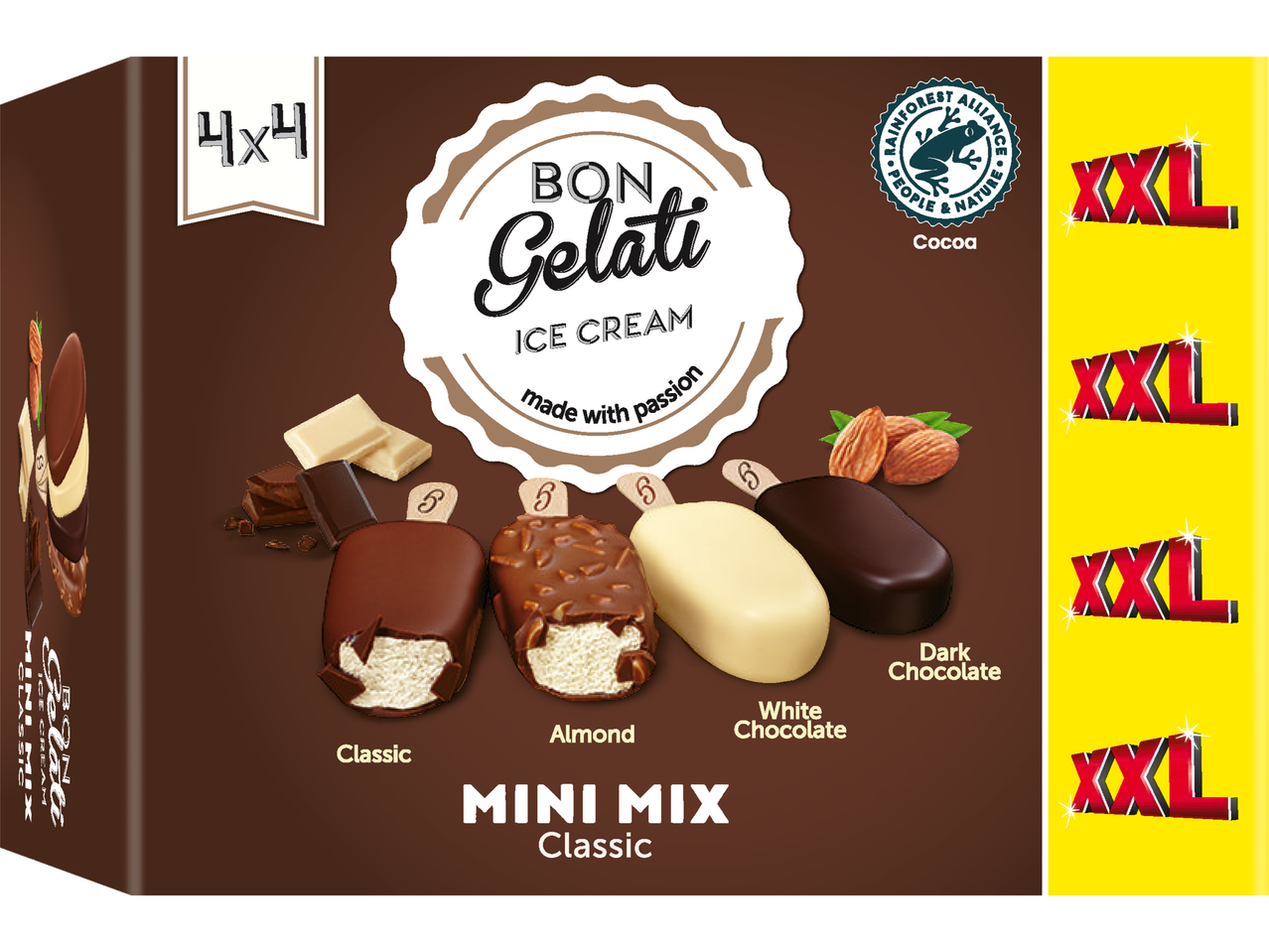 Bon Gelati Mini Mix glass: klassisk, mandel, vit och mörk choklad.