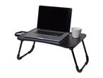 Black portable laptop desk with a laptop, mug, and small storage tray.