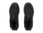 Pair of black and red hiking shoes with orange accents and speckled laces, top view.