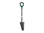 A black and green digging shovel with a serrated edge and a D-handle.