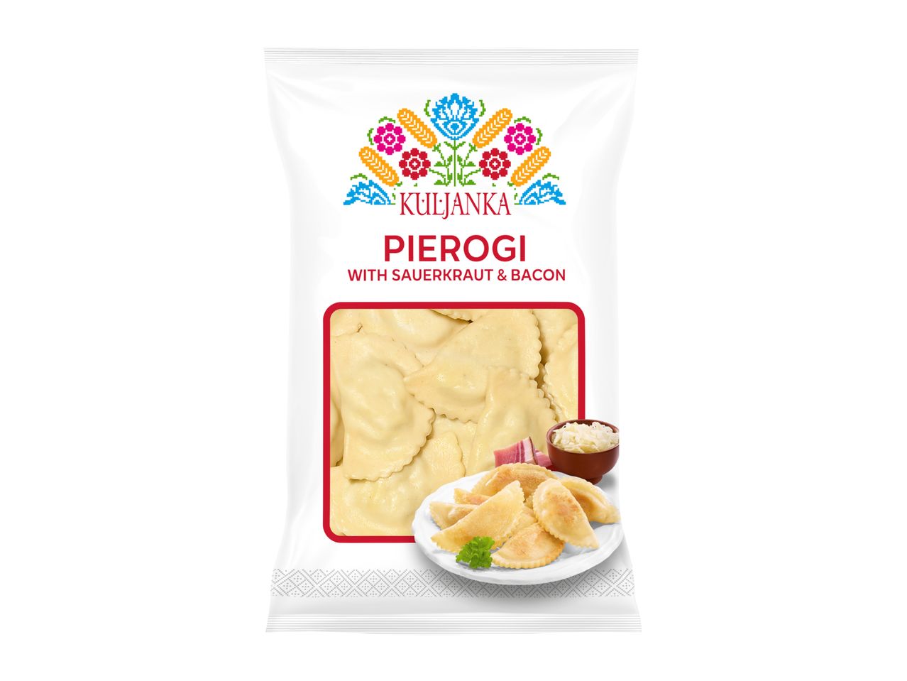 Packaging for pierogi with sauerkraut and bacon, featuring a folk art design.