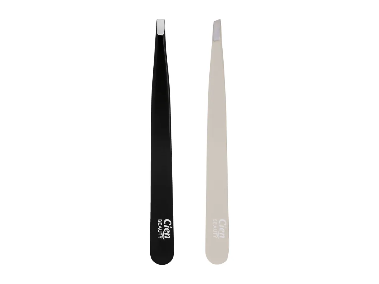 Two tweezers, one black and one light grey, with text on the handles.