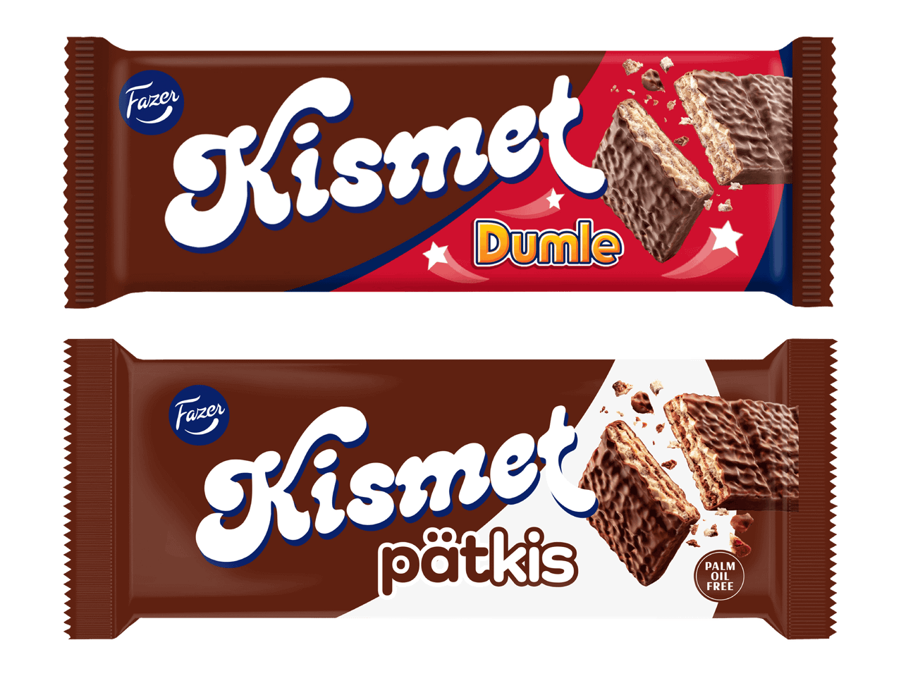 Kaksi Fazer Kismet -suklaapatukkaa, toinen Dumle- ja toinen Pätkis-makuinen.