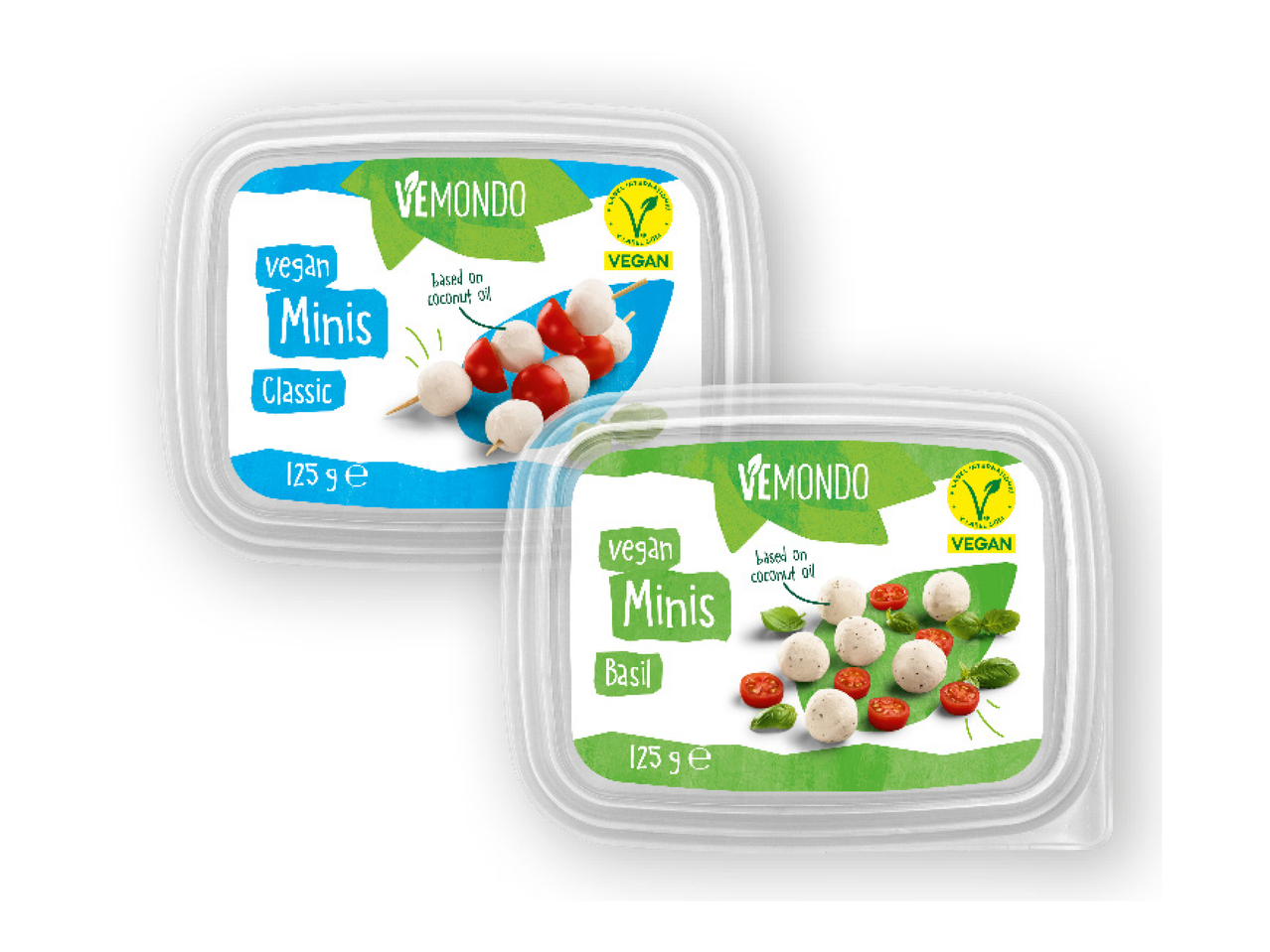 Two Vemondo vegan Minis (Classic and Basil) based on coconut oil, 125g each.