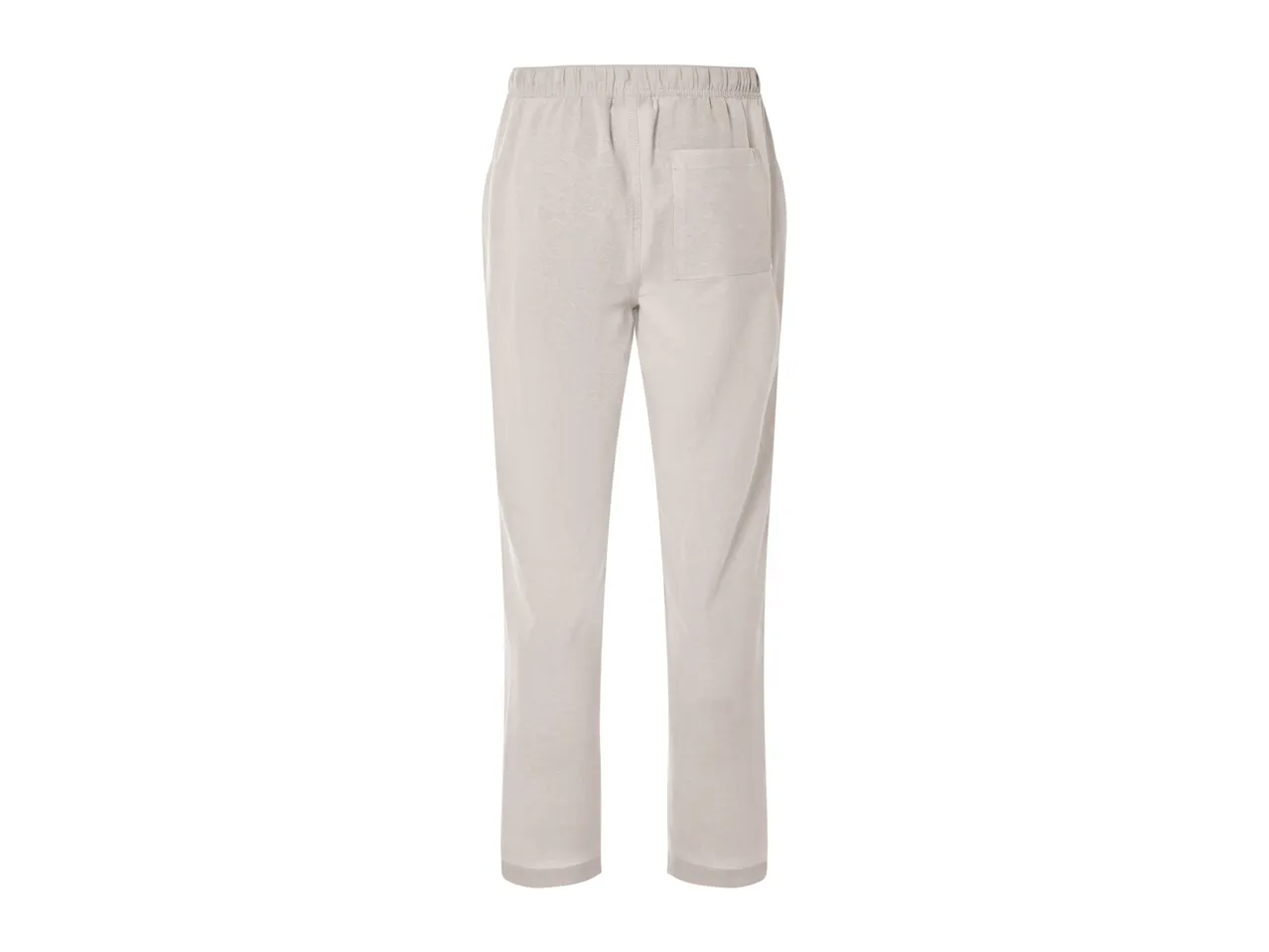 Beige high-waisted straight-leg pants.