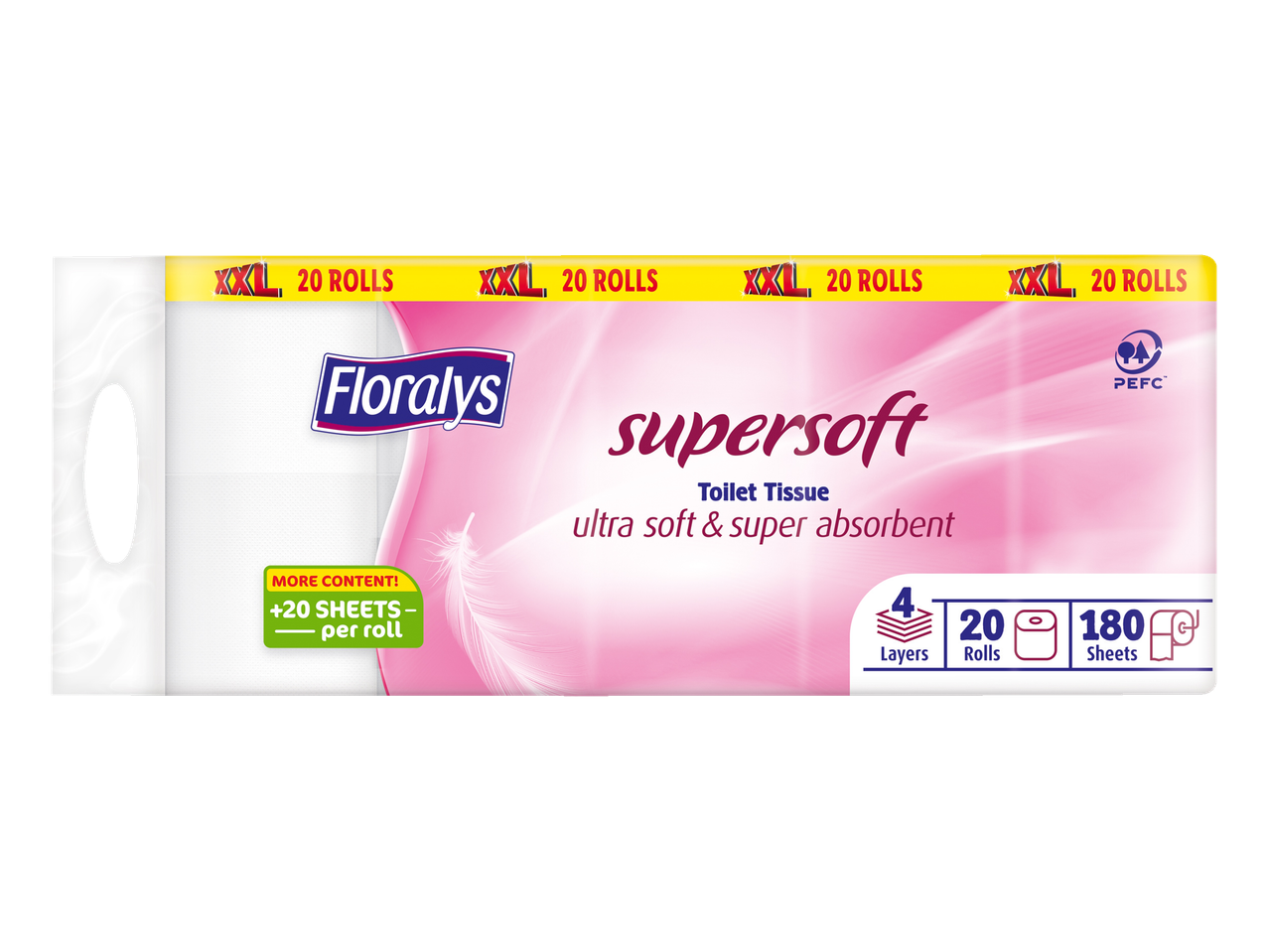 Papier toilette Floralys Supersoft, 20 rouleaux XXL, 4 épaisseurs, 180 feuilles par rouleau.