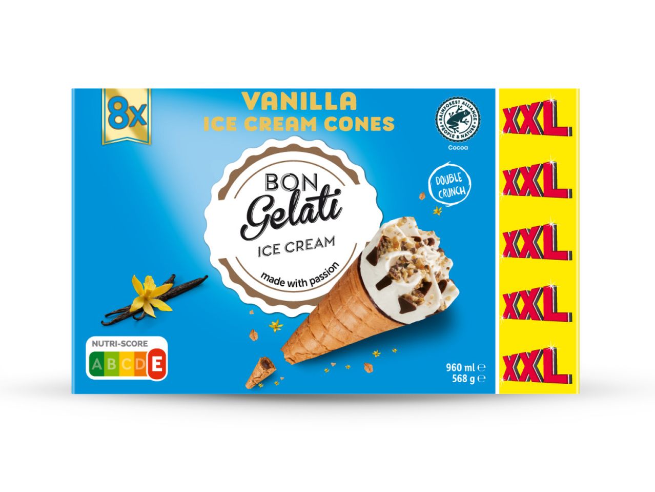 Pakiranje od 8 XXL Bon Gelati sladolednih korneta s okusom vanilije i dvostrukim hrskavim slojem.