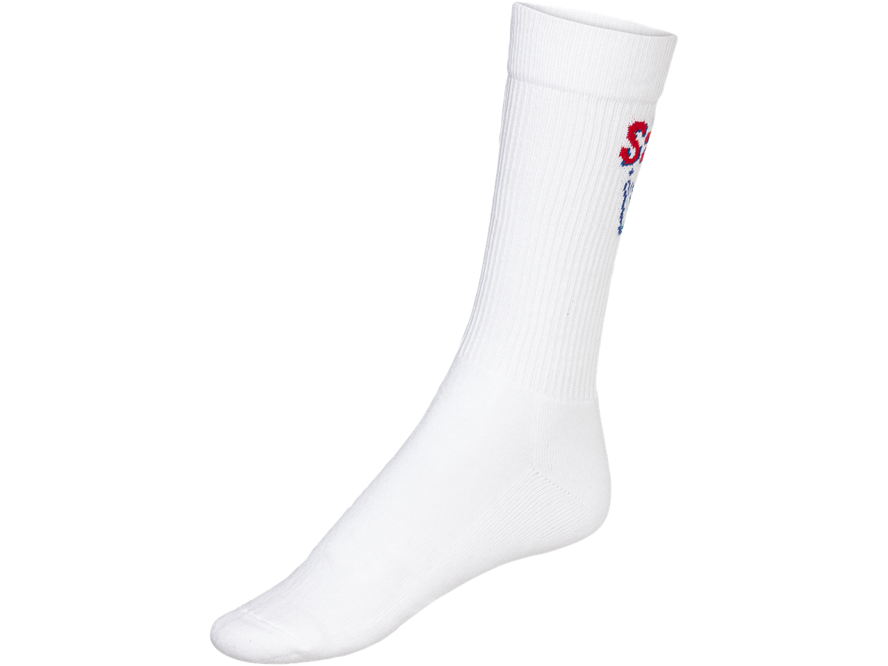 White athletic sock with red and blue embroidered text on the ankle.