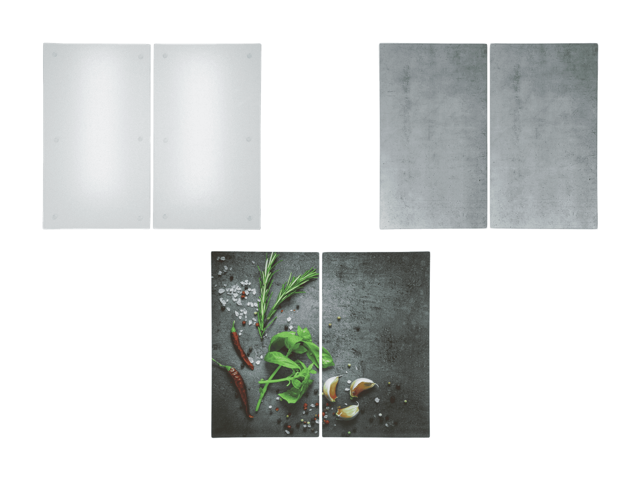 Trois ensembles de deux planches à découper : blanches, grises et une avec herbes et épices.