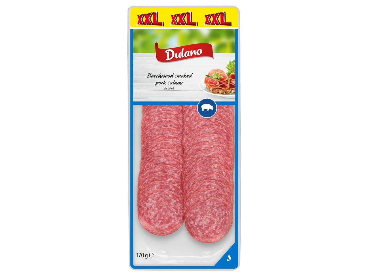 Salam de porc afumat din lemn de fag Dulamo, felii XXL, 170g.