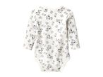 White long-sleeved baby bodysuit with Snoopy baseball print.