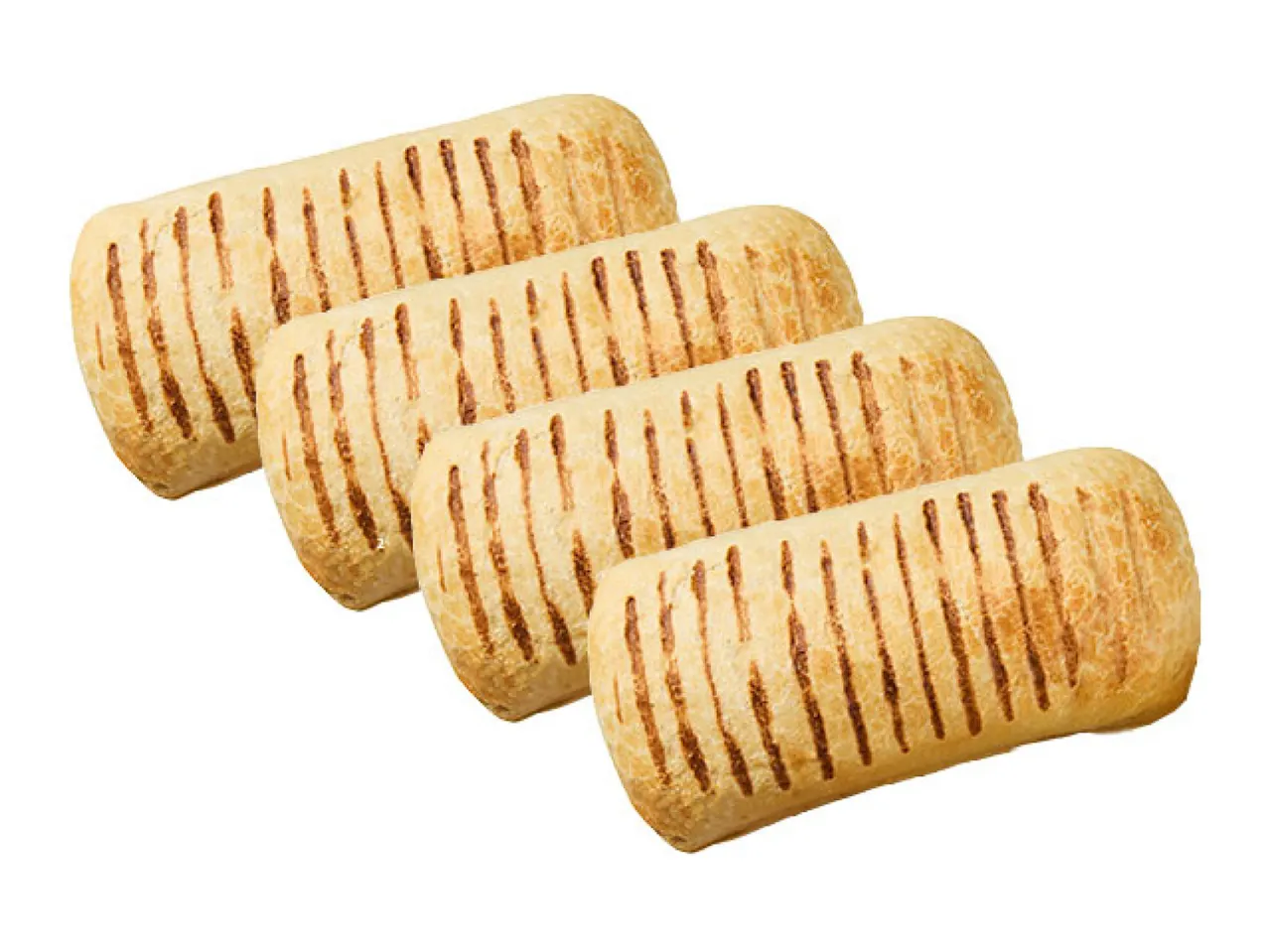Four golden-brown grilled panini rolls with distinct grill marks, arranged diagonally.