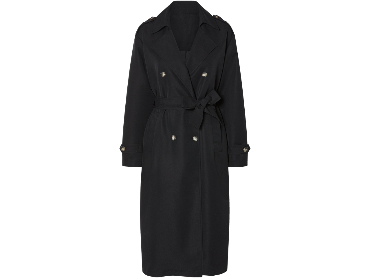 Zwarte lange trenchcoat met dubbele knopen en strikceintuur.