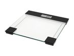 A clear glass digital bathroom scale with a black top and display showing '0.0 kg'.