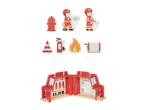 Wooden firefighter playset with two firefighters, a fire hydrant, cone, extinguisher, fire, and fire truck