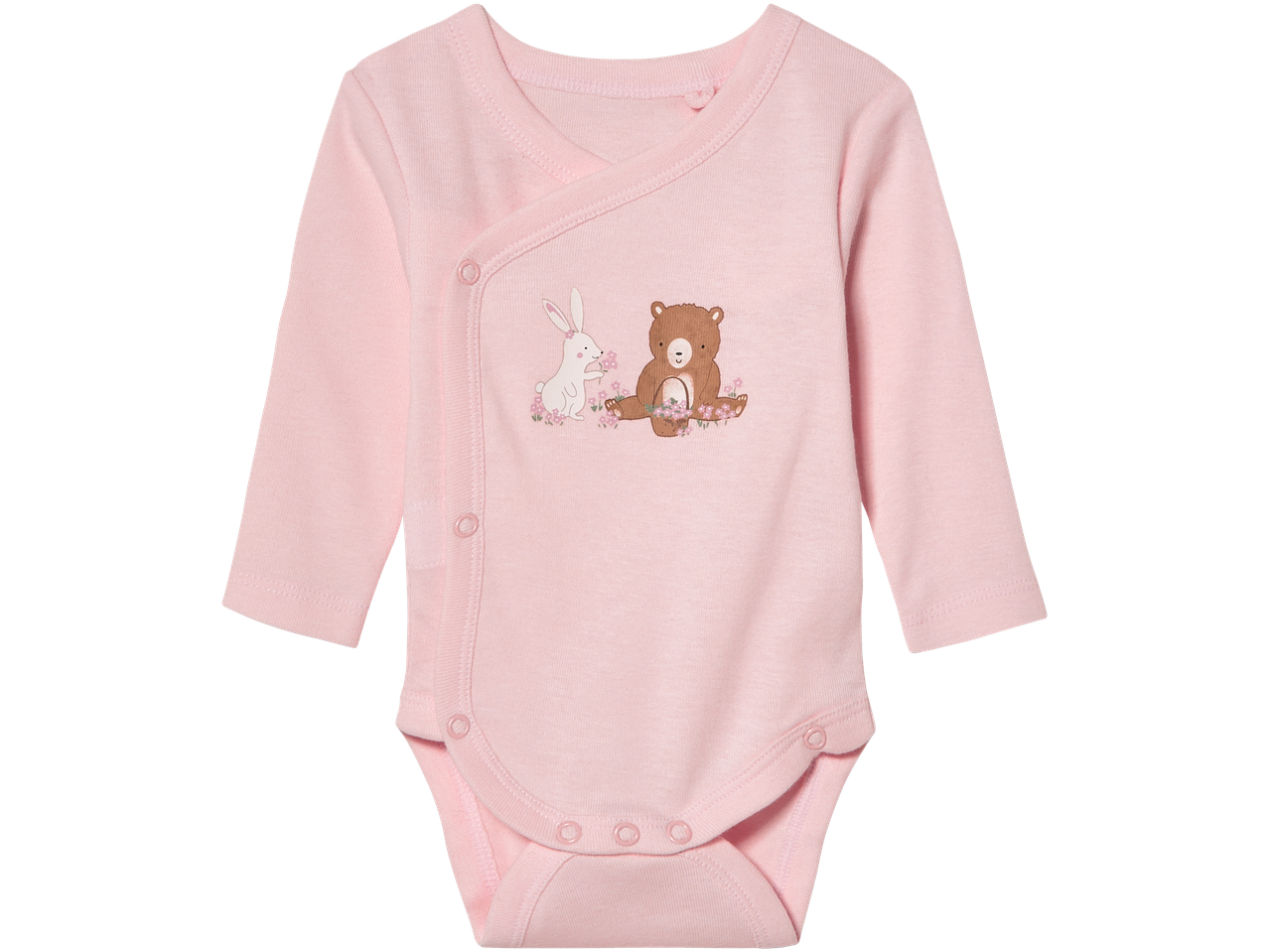Pink Lupilu® baby wrap-over bodysuit with a bunny and bear graphic