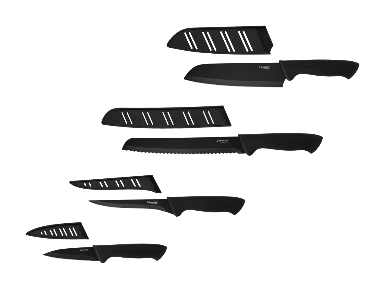 Schwarzes Küchenmesserset mit Schutzhüllen, bestehend aus Santokumesser, Brotmesser und Allzweckmesser.