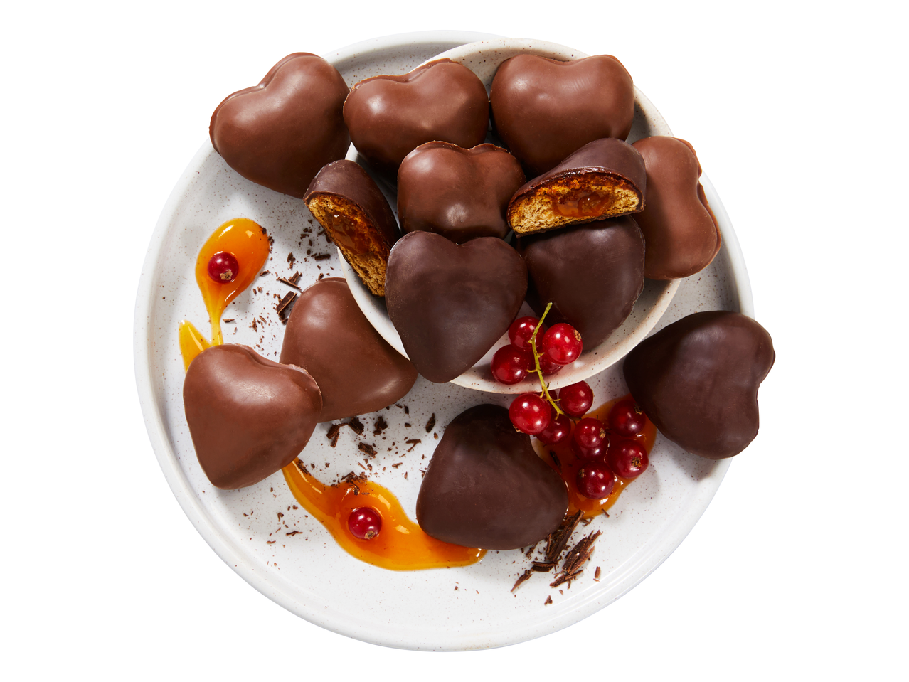 Favorina Chocolate Gingerbread Hearts with Apricot, garnished with redcurrants and sauce.