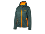 Donkergroene softshelljas voor dames met oranje capuchon.