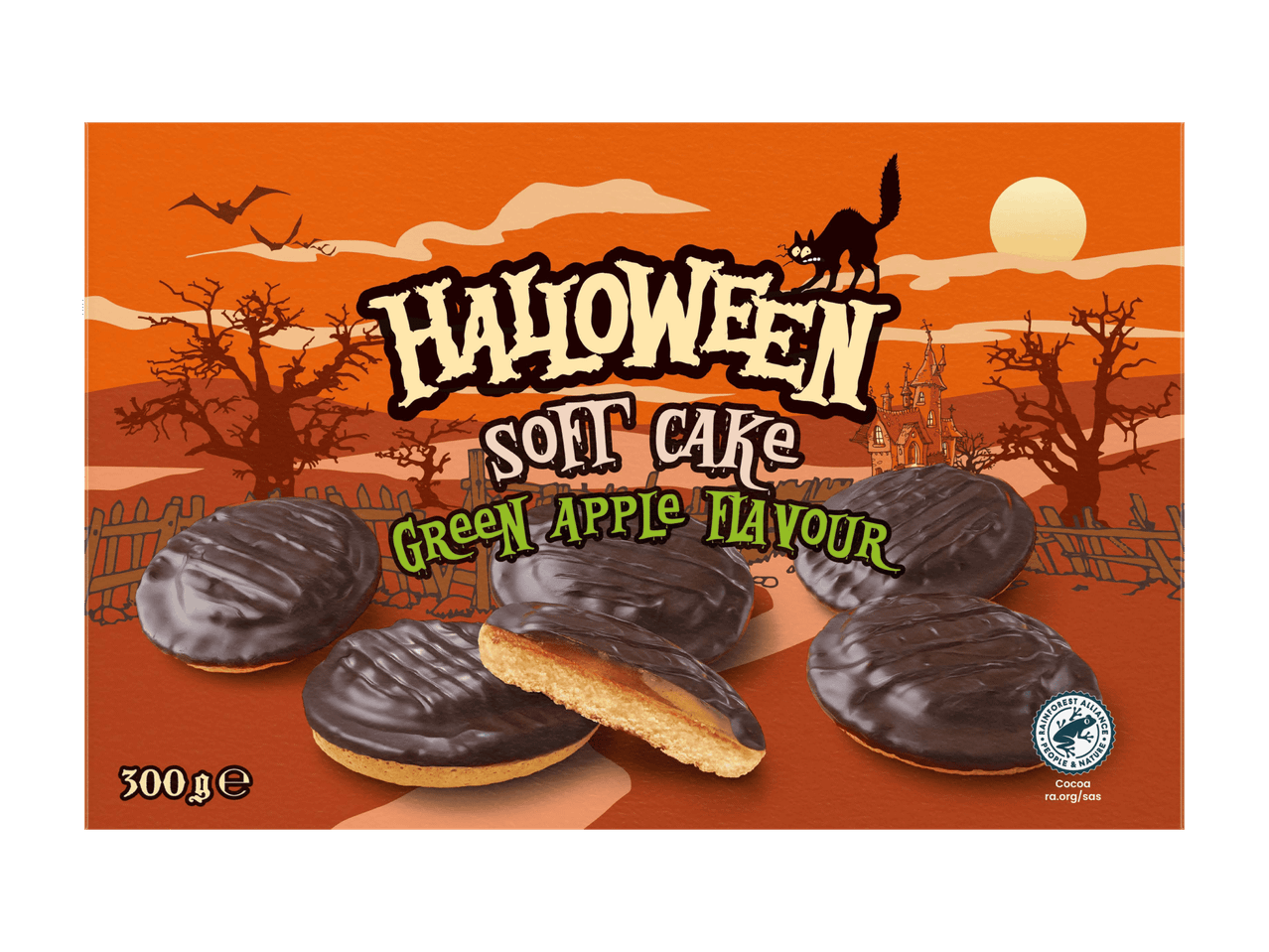 Halloween-teemainen pakkaus vihreän omenan makuisia suklaakuorrutettuja leivoksia, 300 g.