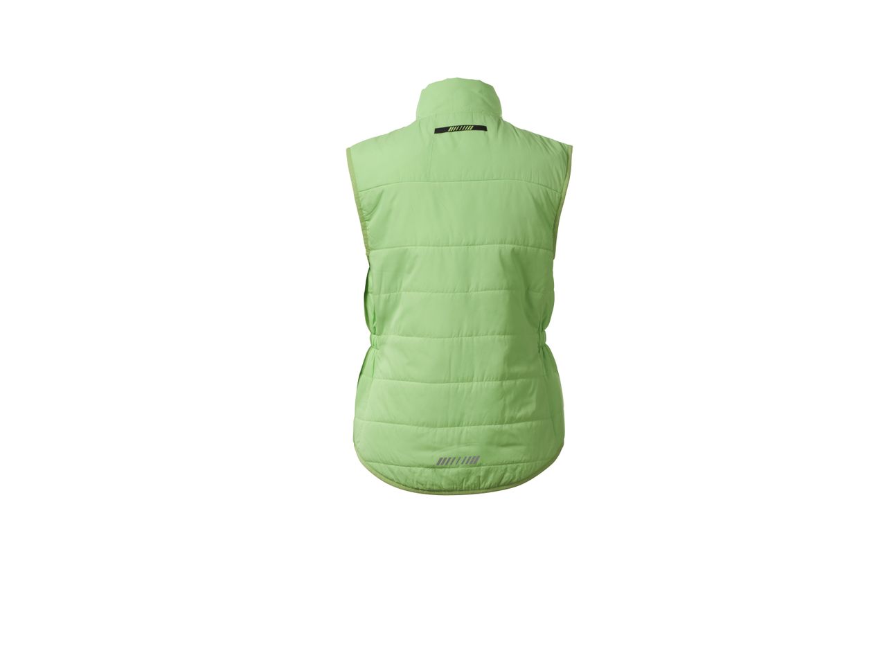 Light green quilted vest with reflective stripes on the back