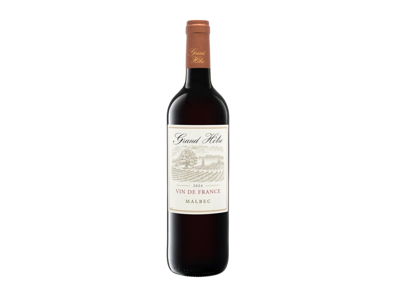 Red wine bottle with a vineyard illustration on the label, featuring the text 'Grand Hêtre' and 'Malbec'.