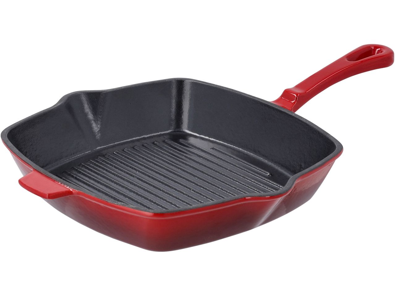 Red cast iron grill pan with a black interior and a long handle