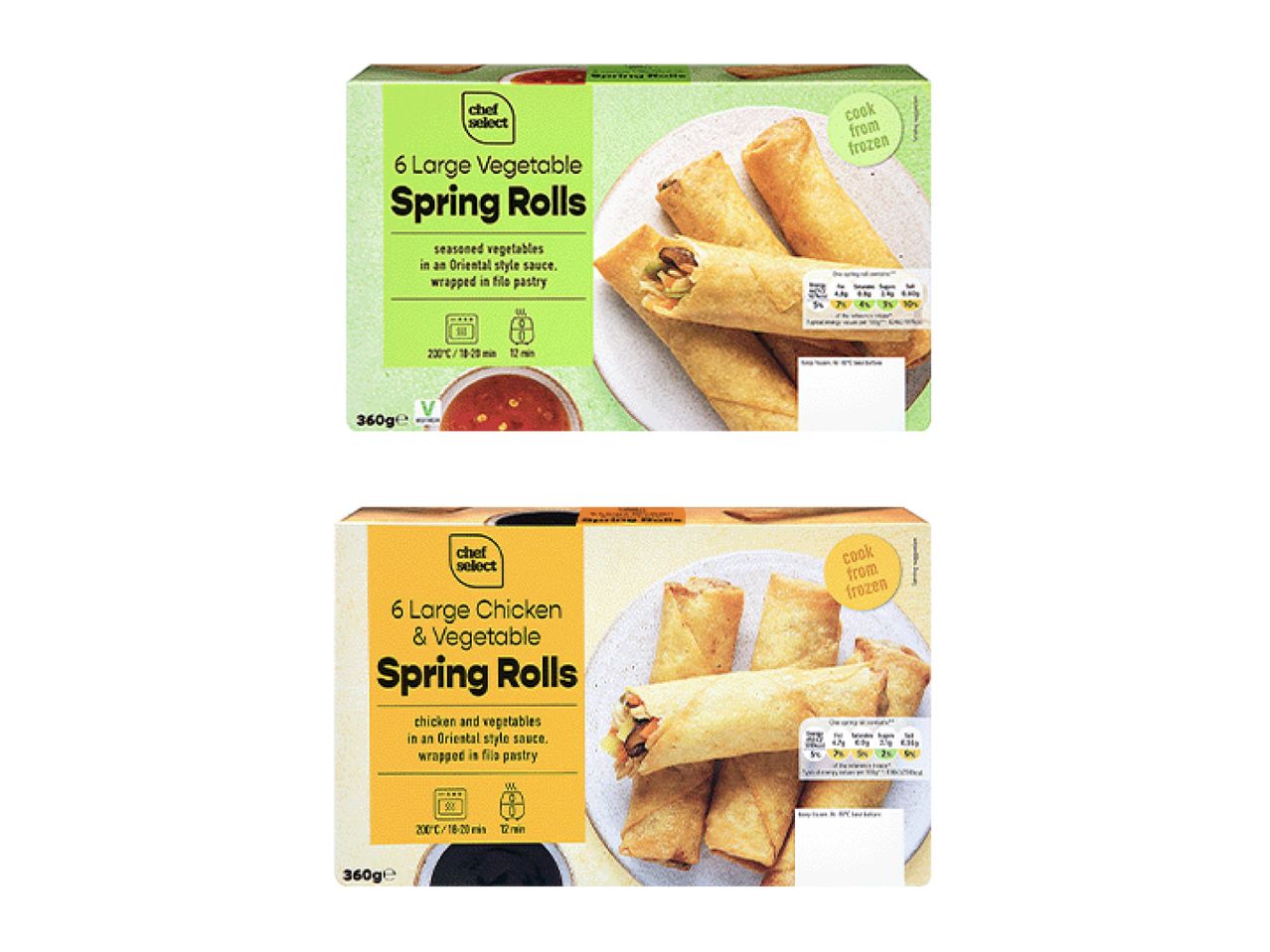 Two boxes of spring rolls: one vegetable and one chicken & vegetable, both cook from frozen.